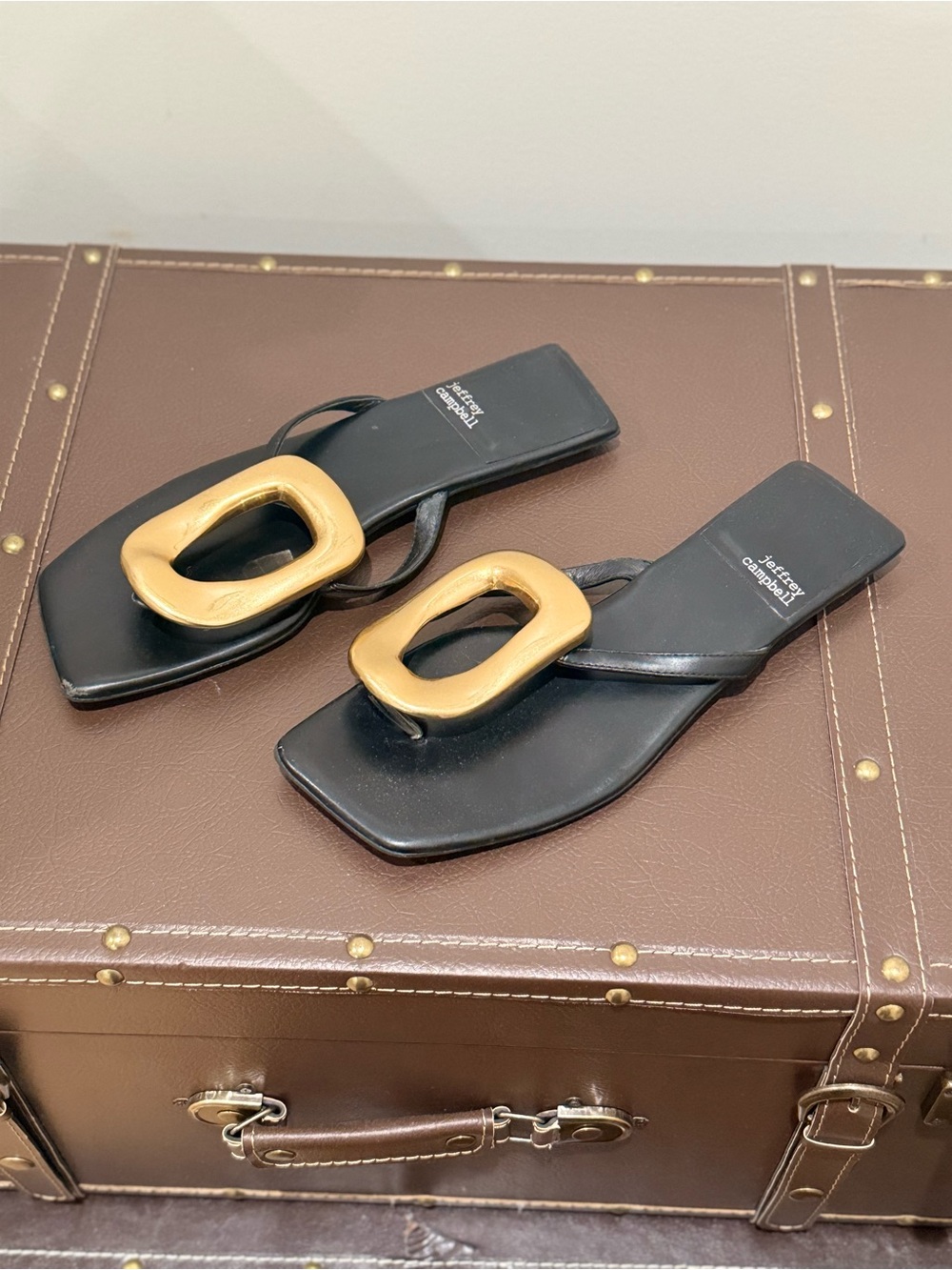 Jeffrey Campbell Black Thong Sandals with Gold Buckle Accent - Picture 2 of 3